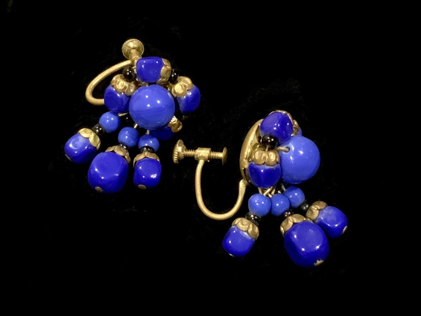 Art Deco Blue Glass  Bead & Brass Dangle Earrings