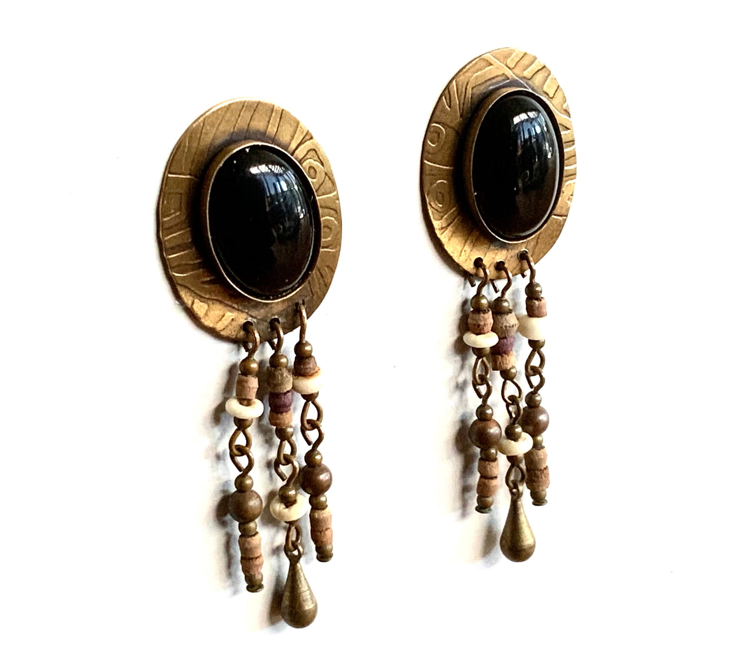 Large Vintage Tribal Black Onyx Cabochon Bronze Dangle Earrings