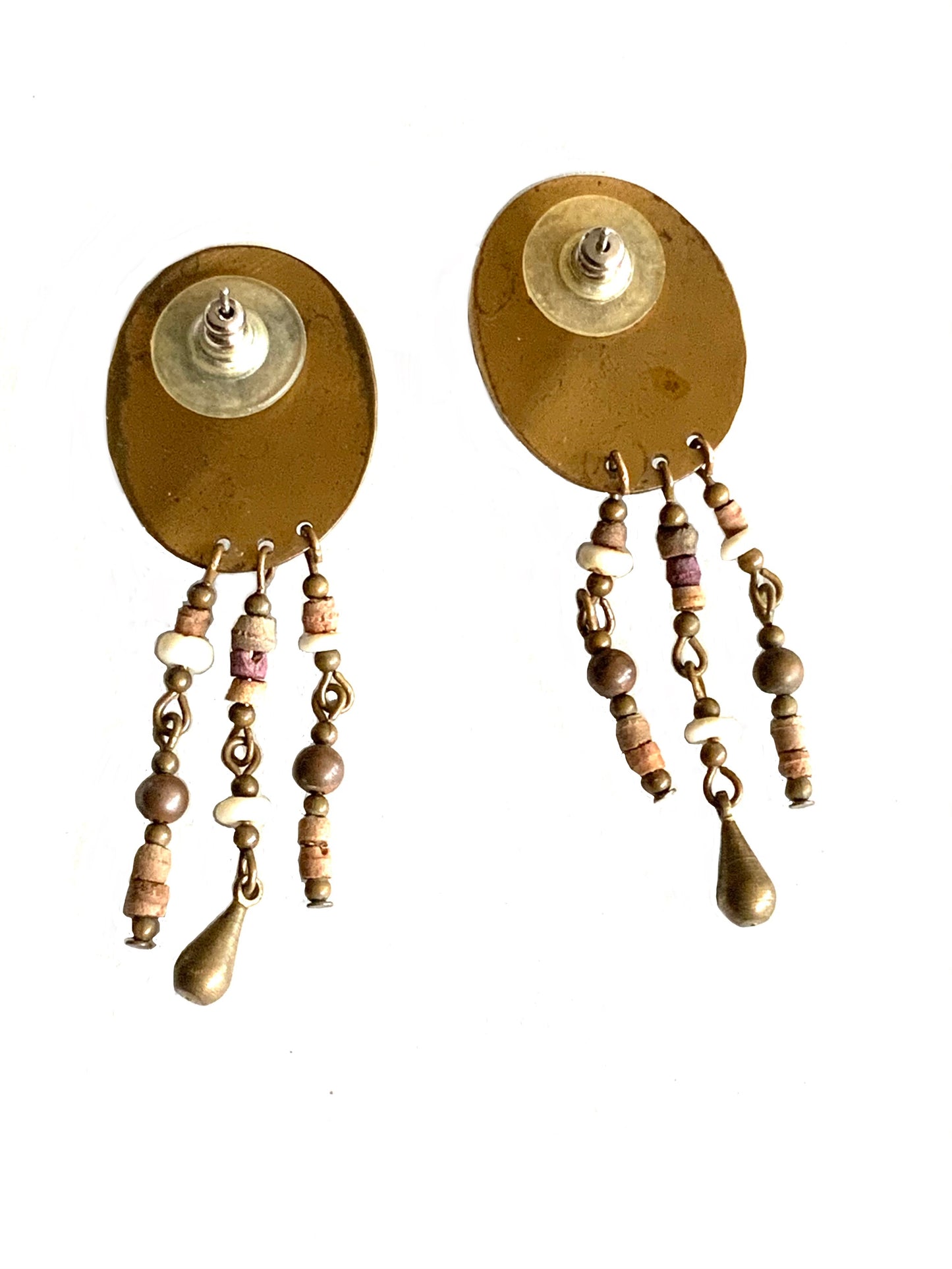 Large Vintage Tribal Black Onyx Cabochon Bronze Dangle Earrings