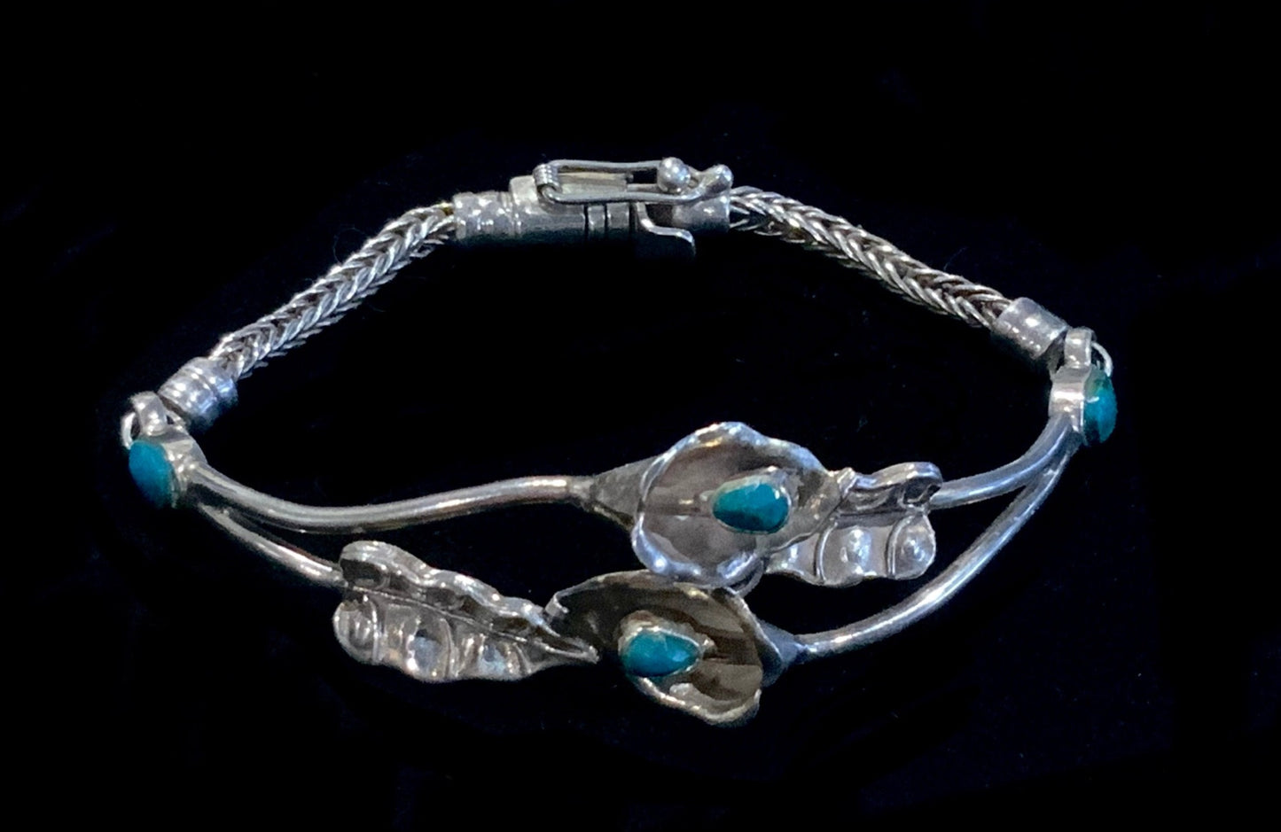 Vintage Turquoise & 950 Sterling Silver Lily Bracelet 17cm Tribal Signed
