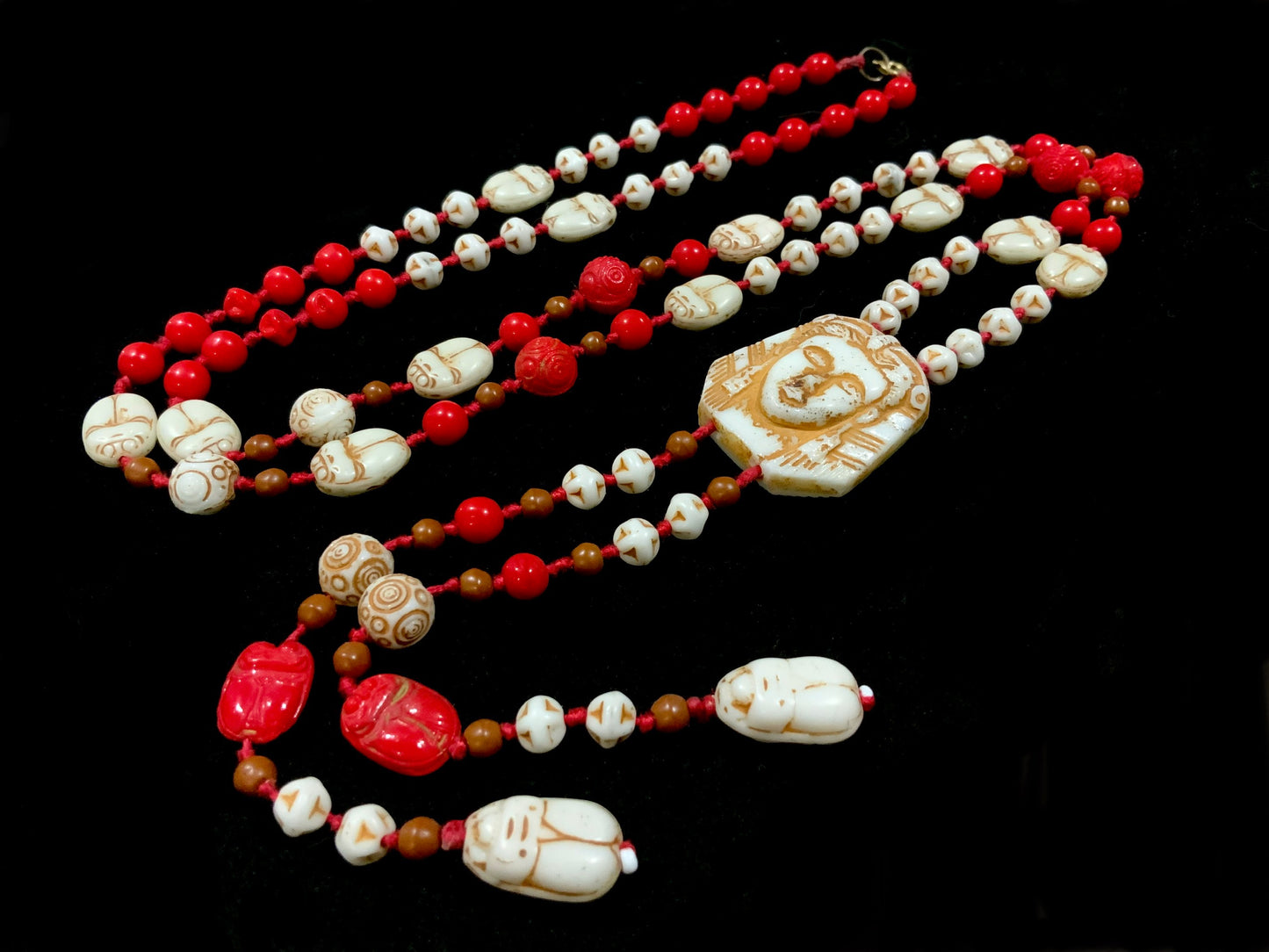 Max Neiger Scarab Sphinx Red & White Uranium Glass Bead Necklace