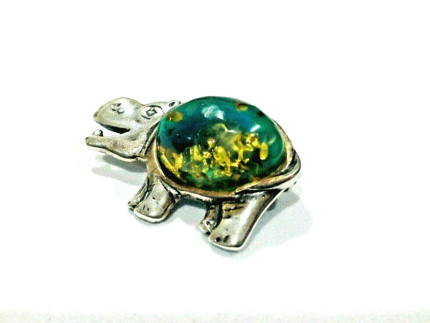 Sterling Silver 925 Natural Blue Green Amber Hippo Brooch