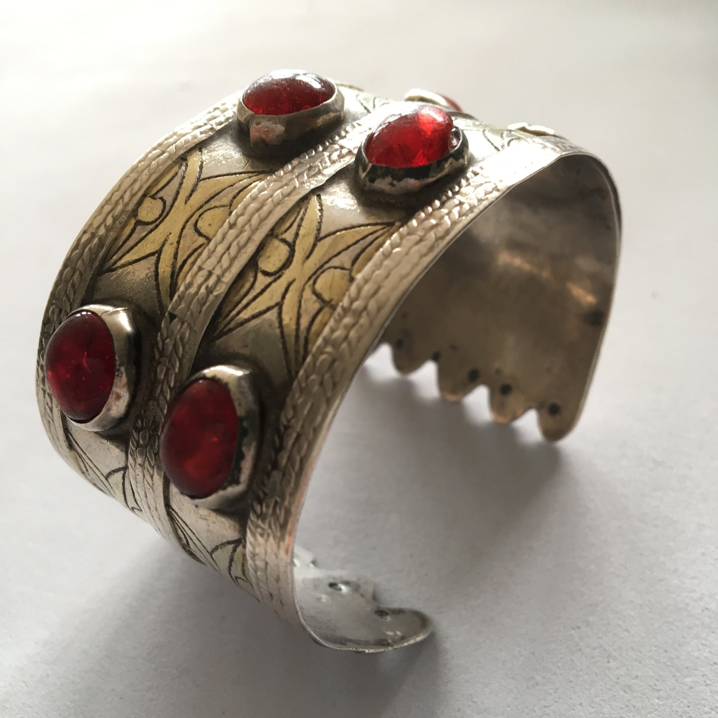 Vintage Turkman Silver & Red Glass Bead Cuff Bracelet