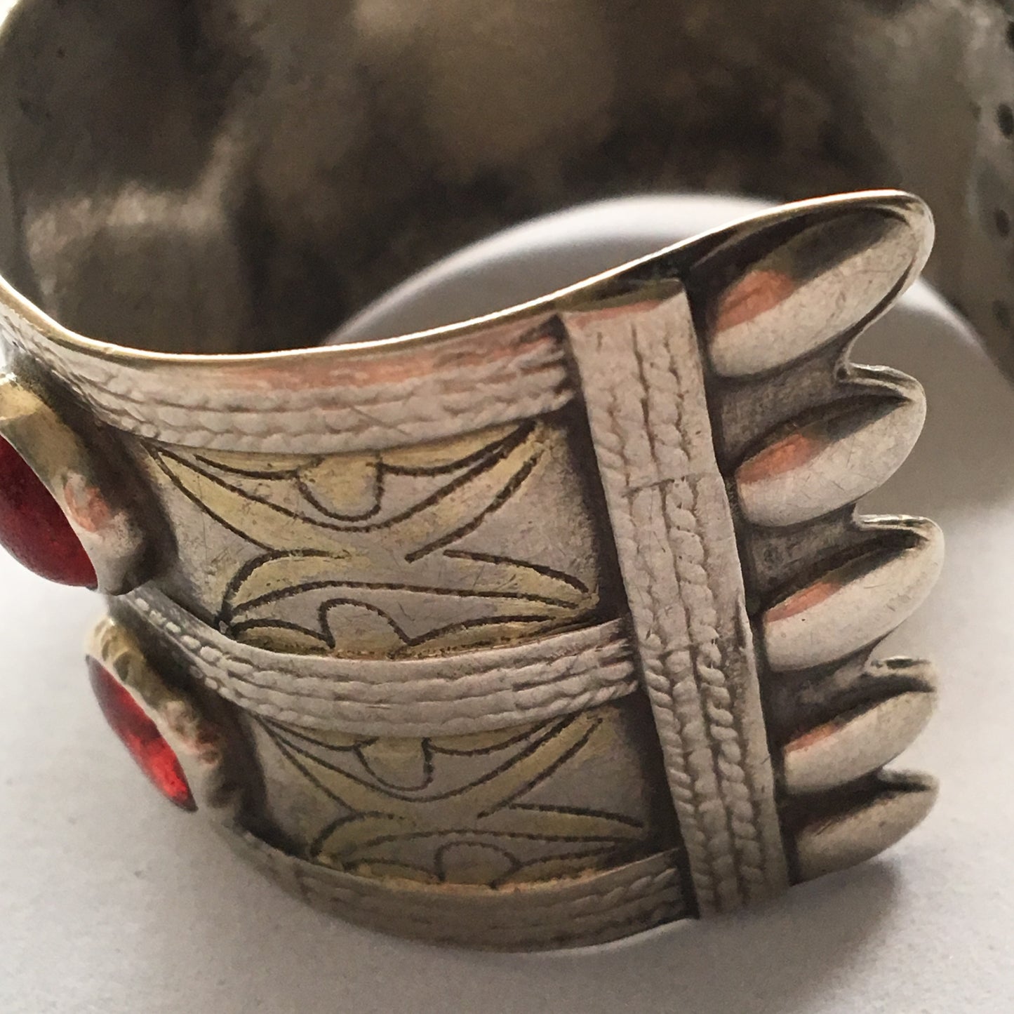 Vintage Turkman Silver & Red Glass Bead Cuff Bracelet