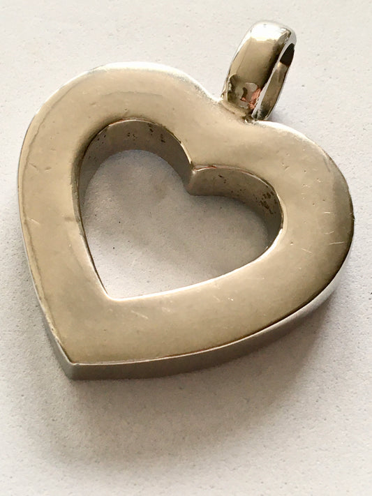 Vintage Modernist Large 925 Sterling Silver Heart Pendant Necklace Mexico